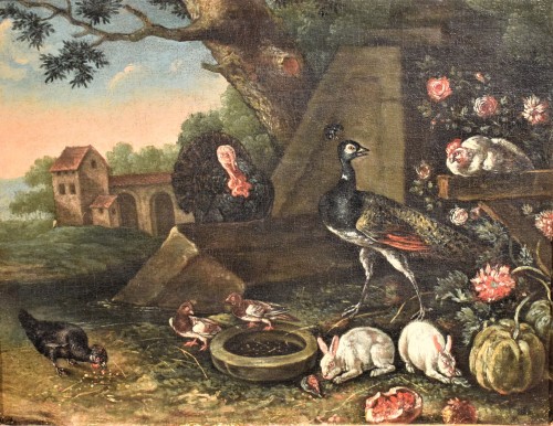 Cour de ferme avec des animaux et des Fleurs - École Flamande du XVIIe siècle - Tableaux et dessins Style Louis XIV